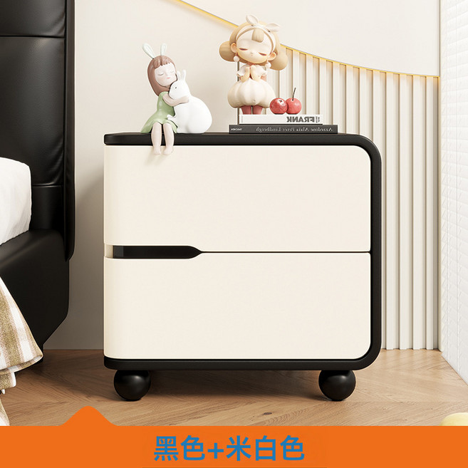 奶油風實木床頭櫃 輕奢設計感收納款, Y4實木+貓抓皮米白+黑色 右邊