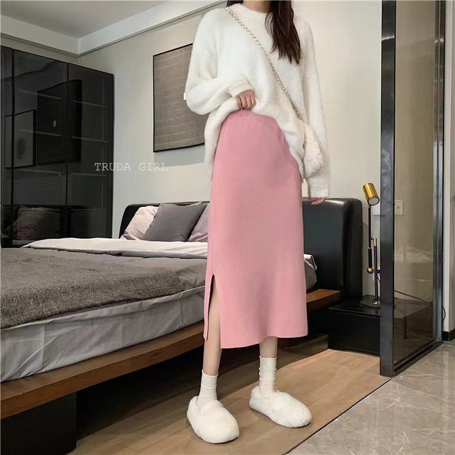 《杜達女孩》百搭包心紗長裙 開叉針織半身裙 鬆緊腰直筒長裙