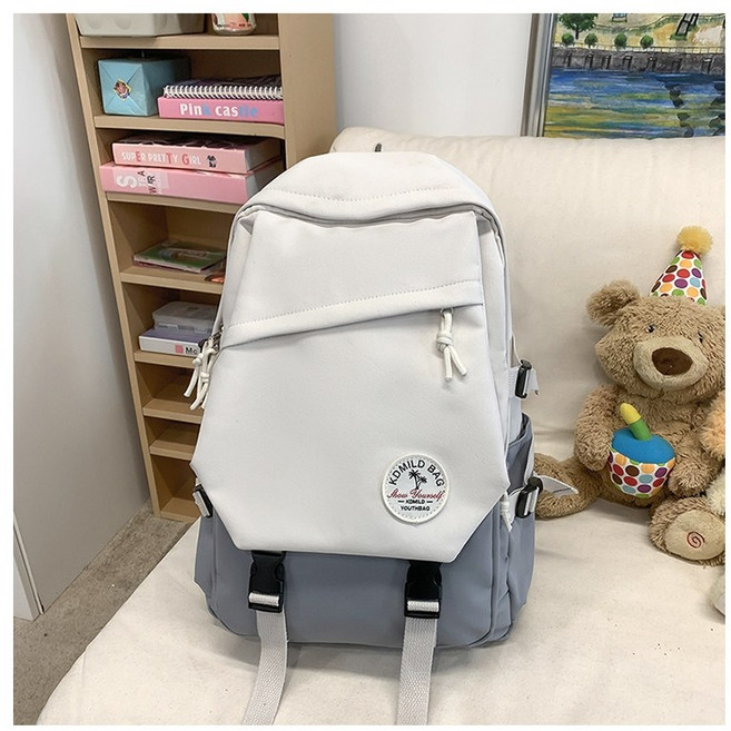 KOMILD 青春感學生背包，輕巧大容量，適合旅行與筆電, 白灰-無吊飾