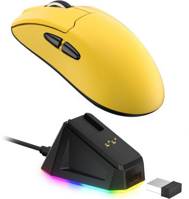 RGB 충전 도크가 있는 LTC GM022 초경량 3모드 무선 게이밍 마우스 PAW3395 26K DPI 센서 55G 경량 인체공학적 블루투스 프로그래밍 가능한 버튼 5개, Yellow