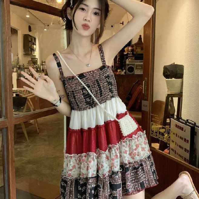 復古氣質碎花拼接雪紡吊帶洋裝, 花色吊帶裙,2XL, 花色