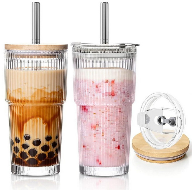 KEMORELA 대나무 및 2 in 1 누출 방지 뚜껑이 있는 591.5ml(20온스) 골지 유리 텀블러 엑스트라 와이드 13mm 재사용 가능한 스테인리스 스틸 빨대 보바, Premium-2Pack