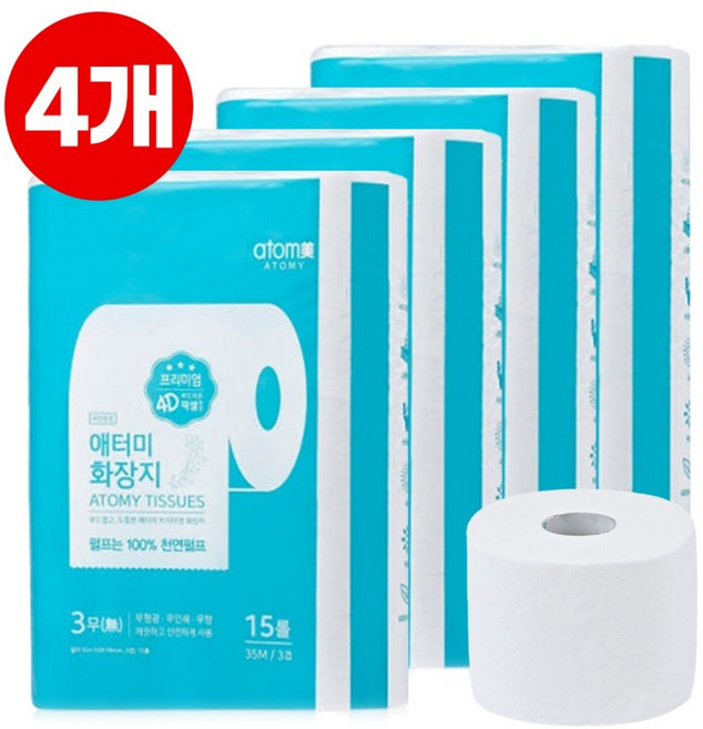 애터미 3겹 천연펄프 화장지, 35m, 15개입, 4개