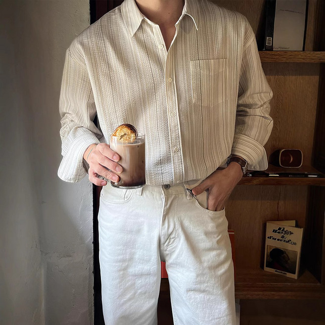 style dr 남성용 셔츠 어깨넓어보이는 캐주얼 셔츠 링클프리 스트라이프셔츠 사계절 캐주얼 셔츠