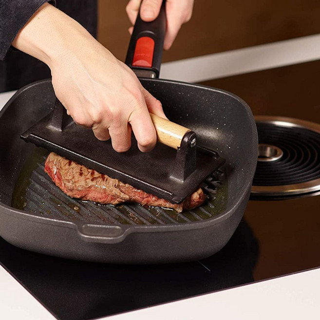 사각 격자 주물 압력판 그릴프레스 누르개 자국 도장, 체크무늬 고기 프레스, 1개