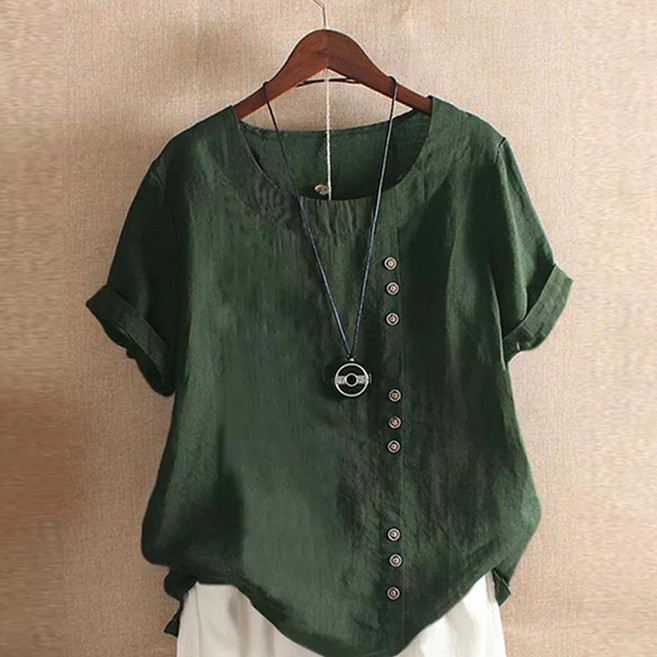 TKX 여성 린넨 반팔 티셔츠 라운드넥 캐주얼 오버핏 버튼 포인트 심플 내추럴 루즈핏 여름 기본 탑 편안한 스타일 데일리