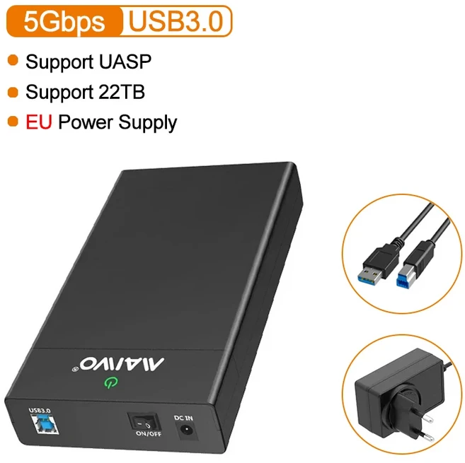MAIWO 2.5/3.5인치 하드 디스크 드라이브 인클로저 USB 3.0 고속 SATA SSD 케이스 HDD 24TB 확장 공구 불필, 03 EU Plug
