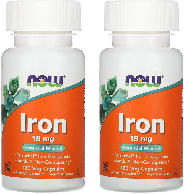 NOW Foods 鐵質 18mg 素食膠囊, 120錠, 2個