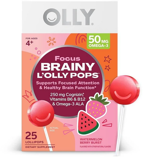 OLLY 키즈 포커스 로리팝 집중력 뇌건강 코그니진 비타민B 오메가3 수박 딸기 25정, 1개 - 쿠팡