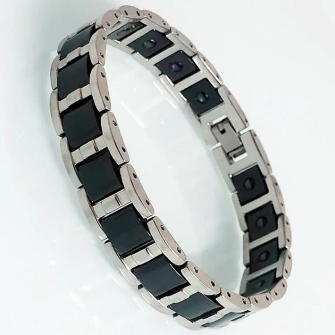 건강 음이온 팔찌 블랙 세라믹 남자의 마그네틱 팔찌 골드 도금 스테인레스 스틸 에너지 바이오 건강 관리, 실버 색상, 18cm, 1개