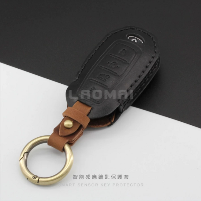 Infiniti 汽車鑰匙皮套 智能感應保護套, 黑皮革, 2022年式 Q50 智能晶片鎖匙包
