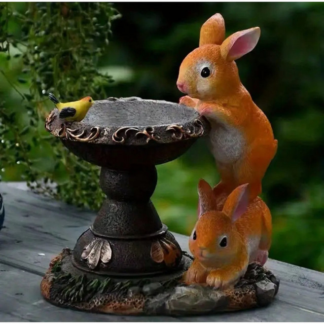 [야외 태양열 램프 새와 토끼 분수대 정원장식] 파티오 조명 현관 인테리어소품 정원 장식