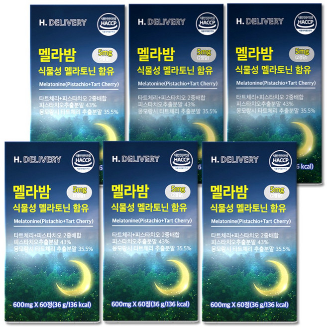 식물성 멜라토닌 5mg 함유 식약청인증 2중배합 멜라밤 에이치딜리버리, 6개, 60정