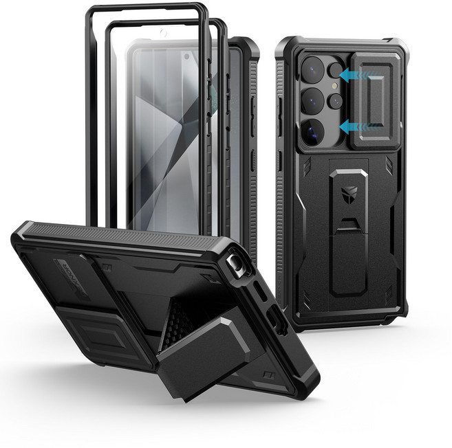 덱스너 갤럭시 S25 시리즈 러기드 풀커버 킥스탠드 카메라보호, 블랙, 1개
