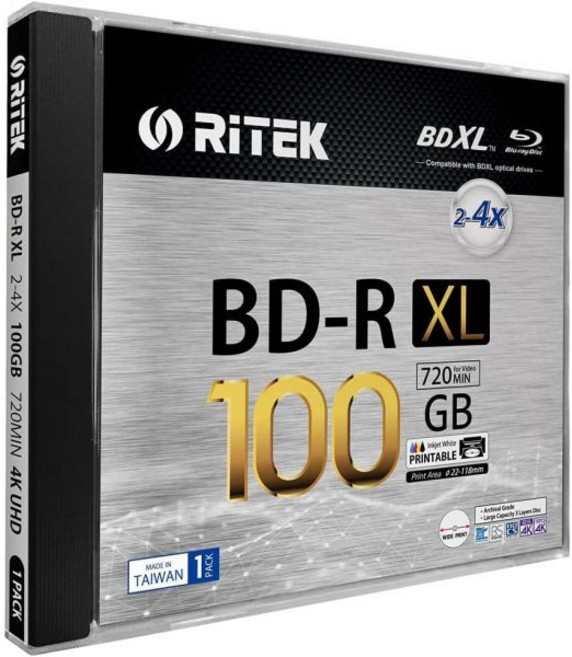 Ritek 1팩 BD-R XL BDXL 100GB 아카이브 등급 트리플 레이어 4배 화이트 잉크젯 허브 인쇄 가능한 블랭크 디스크표준 주얼 케이스 포함, 1팩 Ritek BD-R XL BDXL 100GB 아카