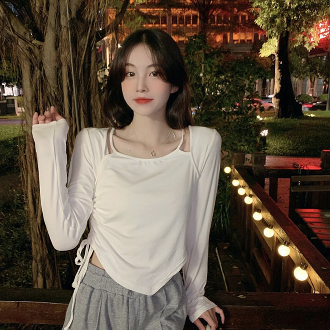 TF언밸런스숏탑 틔임 스트링 셔링 크롭티 레이어드