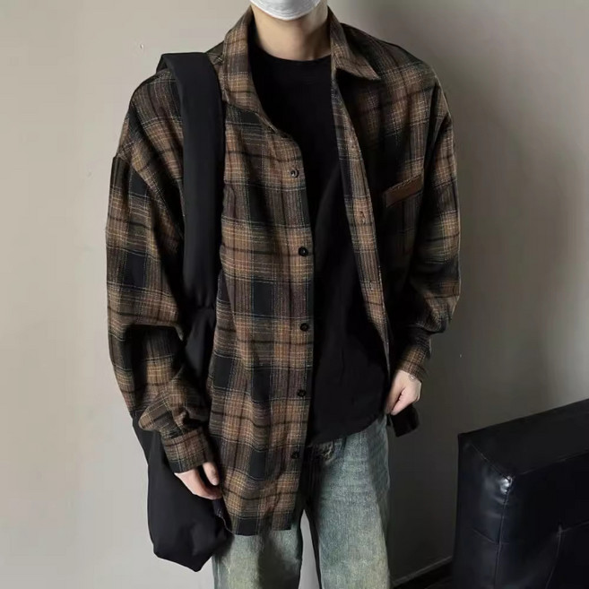 美式復古vinatge格子襯衫男春秋季高級vibe襯衣長袖格紋休閒外套