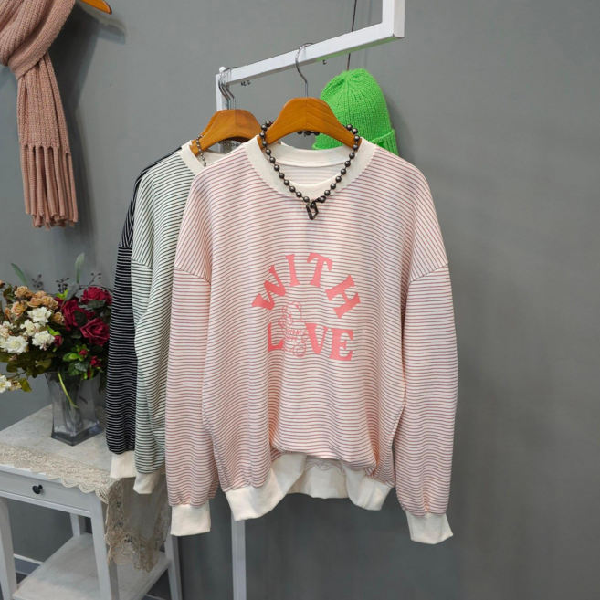 여성용 잔스트라이프 위드곰 오버핏 라운드넥 긴팔 맨투맨