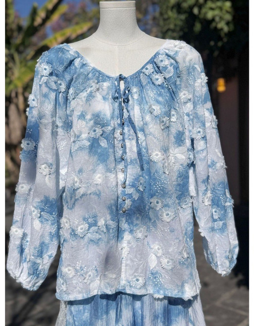 藍島 手染上衣 棉麻透氣 刺綉立體花朵 長袖夏日防曬款, 碎花暈染款