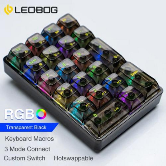 매크로키보드 기계식 LEOBOG K21 미니 숫자 21 투명 키 키패드 3 가지 모드 패드 600mAh 게임용 RGB 조명 포함, 2) Black transparent - Ice Cry, 없음