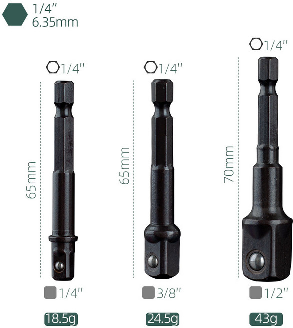 Bridge 육각 사각 소켓 어댑터 3종 세트 1/4 3/8 1/2 전동드릴 임팩 변환 연결봉 롱타입 강구 고정, 1세트