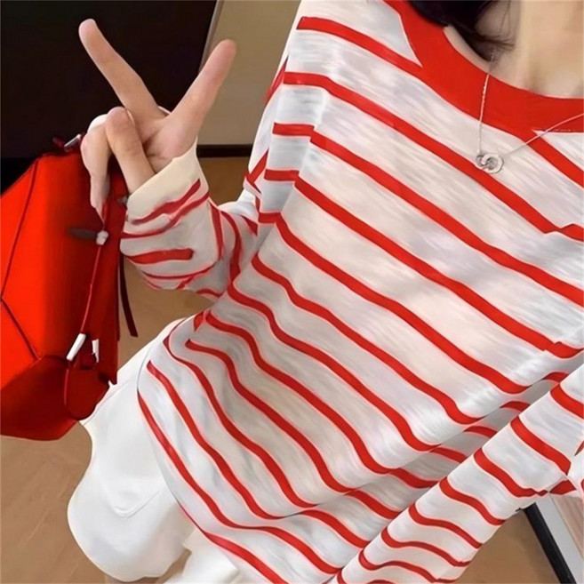 VEZRI 여성 여름 레드 스트라이프 긴팔 티셔츠 얇은 외부 커버업 냉감 에어컨 셔츠 F88