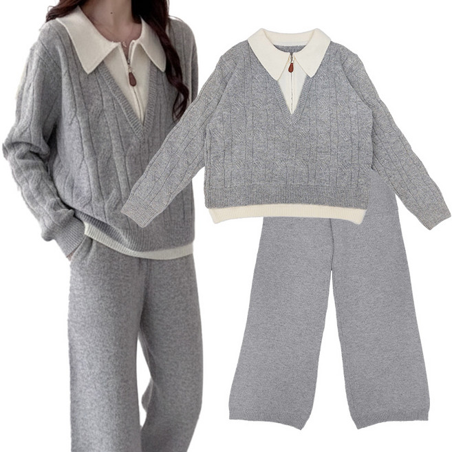 스토리원 WM-FWTP006 여성 레이어드 케이블 니트 팬츠 셋업