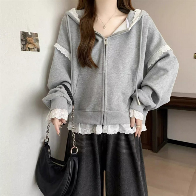 TKX 여성 봄 가을 얇은 후드 집업 자켓 레이스 디테일 데일리 캐주얼 오버사이즈 상의 K53
