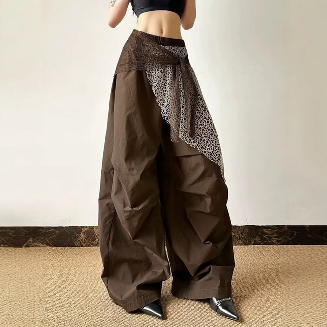 쁘띠꼬모 여성 하이웨이스트 레이어드 레이스 와이드팬츠 보헤미안 루즈핏 ZJR112405