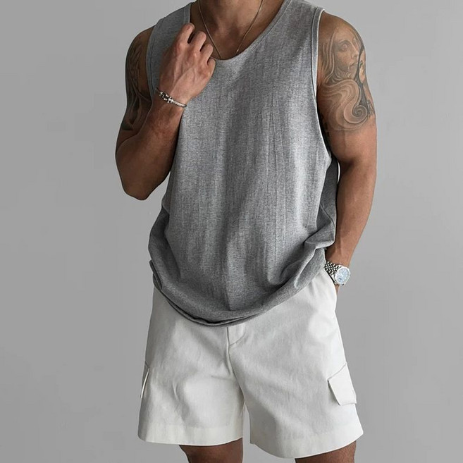 남자 져지 민소매 티셔츠 여름 빅사이즈 러닝 티셔츠 빈티지 트레이닝복 캐주얼 코디용 나시 티셔츠 LJX