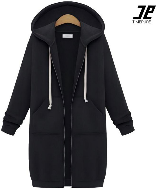 TIMEPURE 봄가을 여성 심플 오버핏 후드 긴팔 미디엄 기장 플리스 롱 후디 집업 롱 자켓 후드 롱 원피스