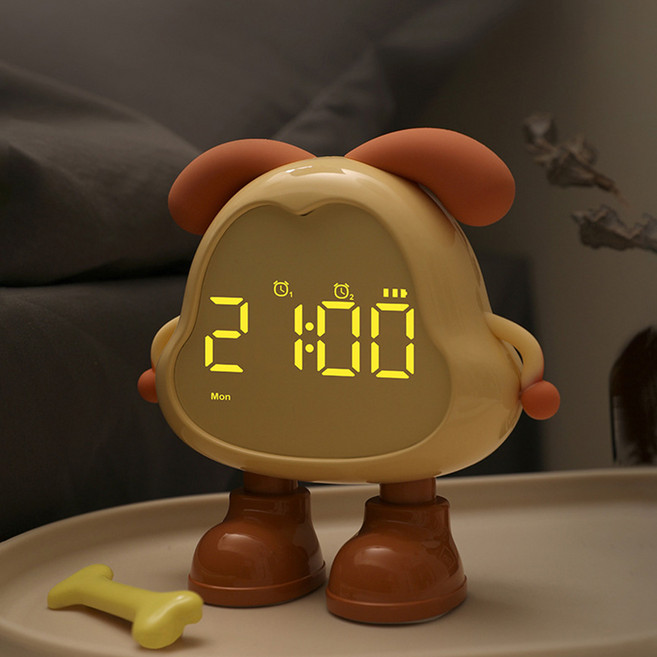 플랜와이 멍멍이 멀티 다기능 LED 탁상 알람 시계, 베이지브라운