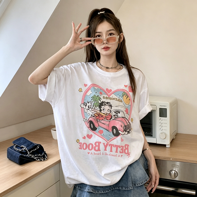 WAIJER 여성 여름 순면 빅사이즈 반팔티 오버핏 캐릭터 캐주얼 티셔츠