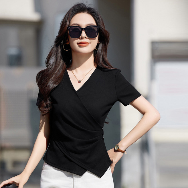 이매력 여성 [ 3컬러 6사이즈 ] 여성스러운 브이넥 랩스타일 무지 면 스판 반팔 티셔츠YL52037