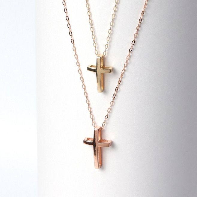 오로프 전체 14K 금 입체 십자가 심플 모던 목걸이 펜던트 메달