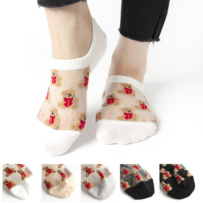 여성 여름 곰돌이 망사 시스루 덧신 양말 페이크삭스 5켤레 세트