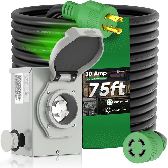 RVINGPRO 30암페어 발전기 코드 25FT 및 전원 유입 상자 코드가 포함된 프리 드릴링 NEMA L14 30P ~ 30R 방수 콤보 키트 ETL 나열됨, 75FT