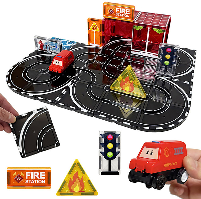 [엘리트타일즈] 소방차 자석 로드 도로세트 내가 만드는 도로 위로 소방차가 따라 움직여요! 소방차 완구 | 자석타일 도로 | 자동차 완구 추천 선물 상품 | 종합 타일세트, 1개, 멀티