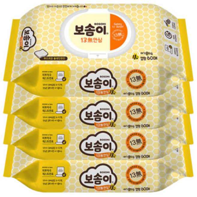 보솜이 13무 안심 물티슈 캡형, 203g, 60매, 4개
