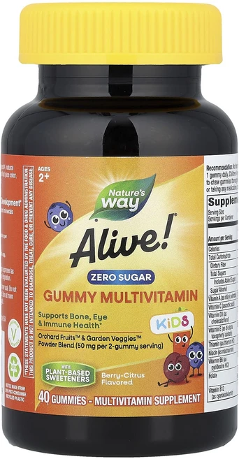 몸관리하세요 겨울입니다 Nature's Way Alive!® 키즈 무설탕 구미젤리 종합비타민 만 2세 이상 베리시트러스 구미젤리 40개 특별관리진행, NaturesWayAlive키즈무설탕구미젤리종합비타민만 - 쿠팡