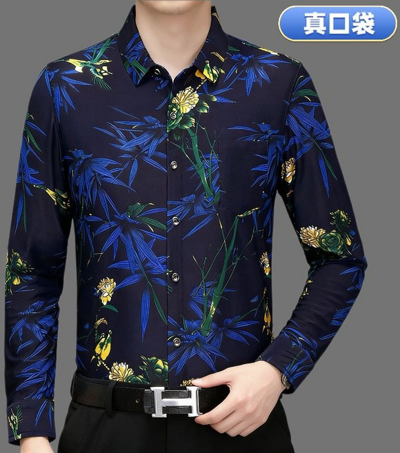 男士長袖花襯衫 時尚滿印花 修身免燙, 1個, 滿印寶藍竹170/88A 110-130斤
