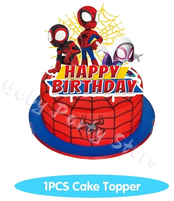 스파이더맨과 그의 놀라운 친구들 생일 장식 세트 접시 컵 테이블보 배경막 풍선 파티 용품, 08 1pcs cake topper