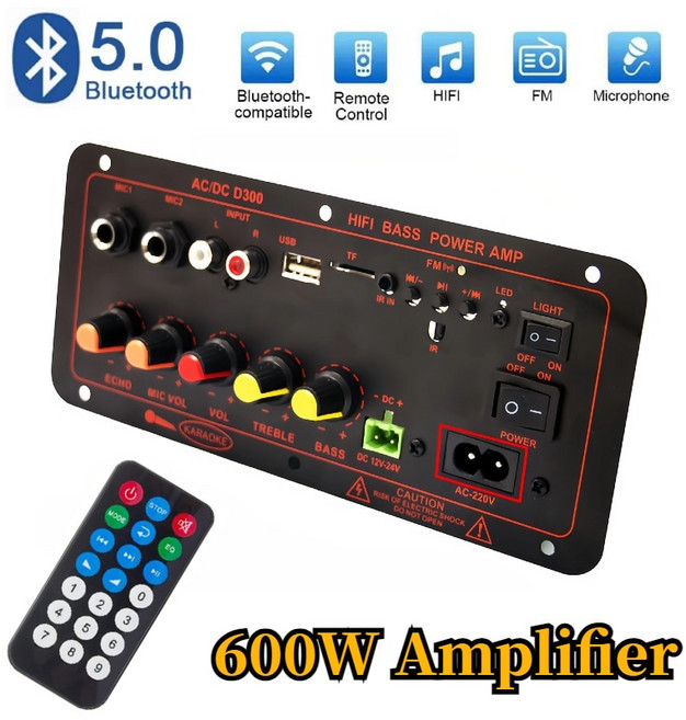 블루투스 50 오디오 600W 앰프 보드 D300 서브우퍼 듀얼 마이크 AMP 앰프 모듈 미디어 플레이어 12V 24V 220V, 3)200W EU Plug