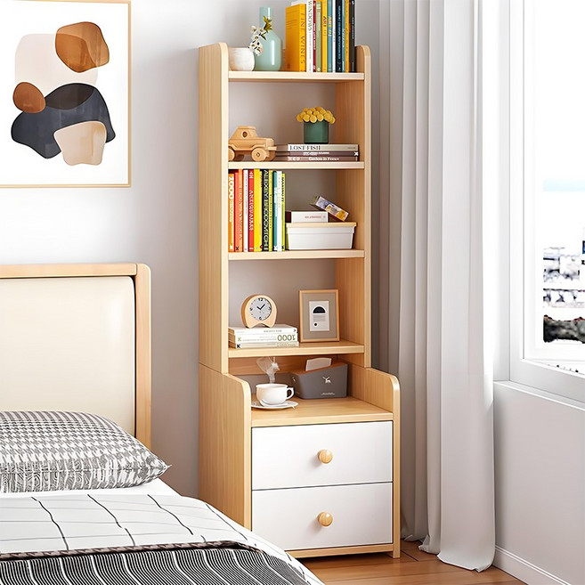 Fowod 가정용 침실 베드사이드 테이블 일체형 책장 수납장 현대 심플 서랍 포함, 7단, 흰색+원목색
