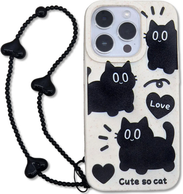 영스피플 블랙 고양이 패턴 아이폰 케이스 TPU 귀여운 스트랩 12 13 14 15 16 플러스 프로맥스