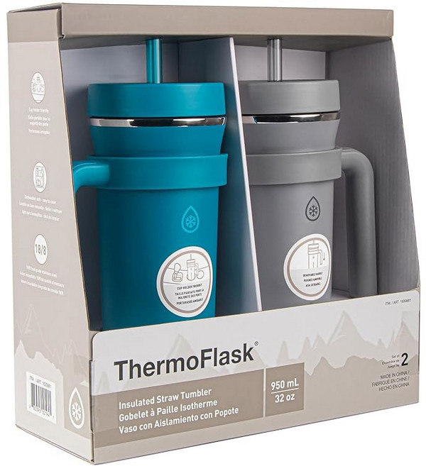핸들과 빨대 뚜껑이 있는 ThermoFlask 품질의 이중 단열 스테인리스 스틸 텀블러 32온스 2팩 크리스탈 청록색원형 그레이, 32 oz, Honeycomb / Hot Pink, 1개