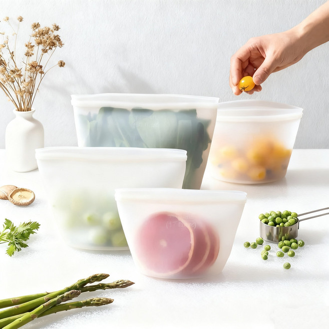 업그레이드 다회용 두툼 실리콘 지퍼백 1000ml+1000ml+1500ml+1500ml4종 세트 식품 안전 실리콘 도시락통, 1개