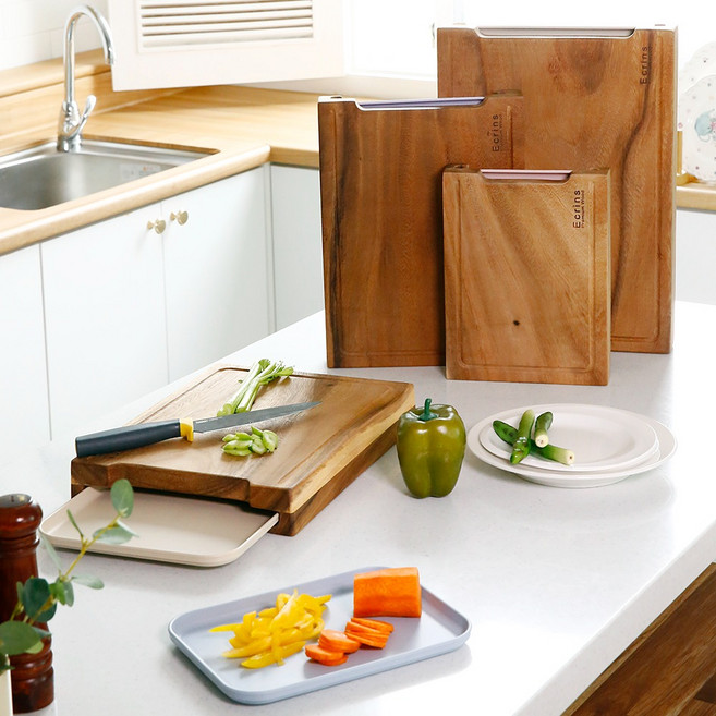 레인트리 서랍형도마 트레이 세트 가정용 원목도마, 중, 서랍형도마 트레이 세트(중) 핑크