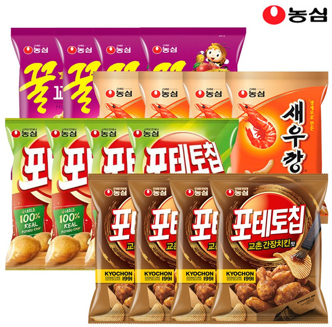 포테토칩교촌간장치킨맛4봉+포테토칩4봉+새우깡4봉+꿀꽈배기4봉, 19개, 55g