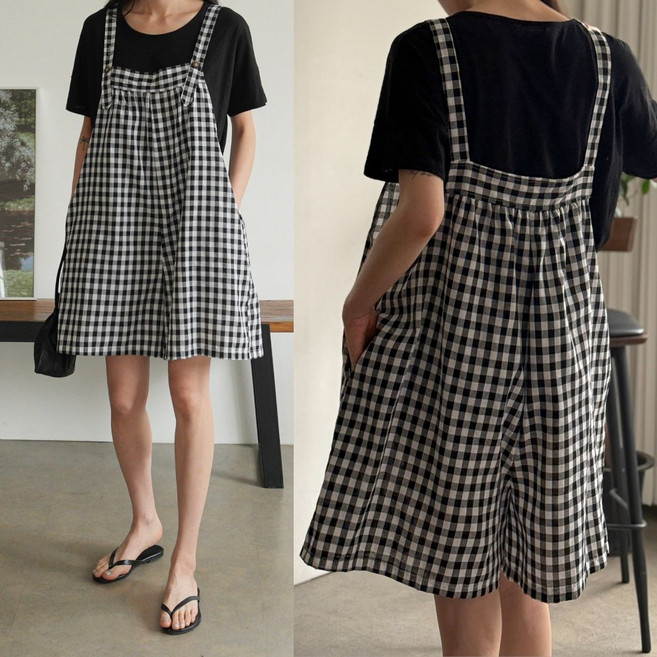 하늘바라기 여성용 모앤 체크 숏 점프수트